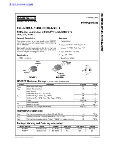 Fairchild ISL9N304AP3 ISL9N304AS3ST Datasheet - cover page