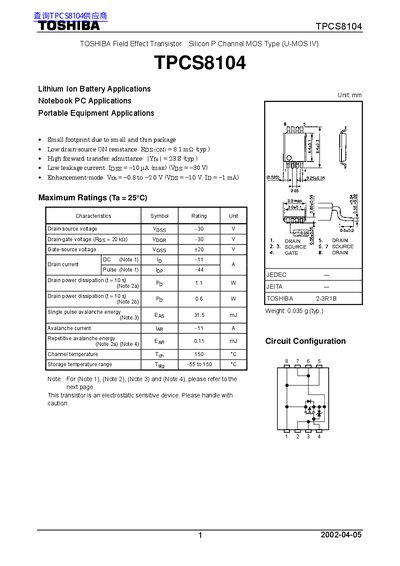 Toshiba TPCS8104 P-Channel MOSFET Datasheet - cover page