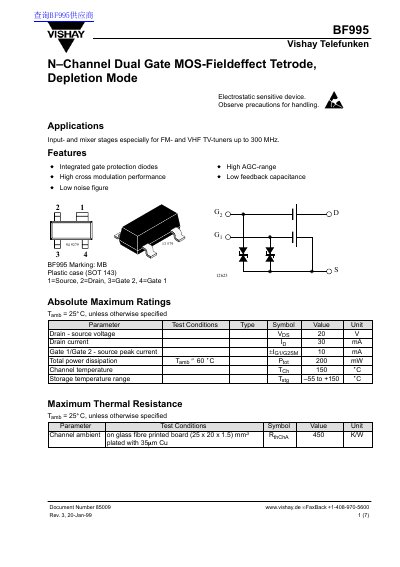Vishay BF995 N-Channel Dual Gate MOS-FET Datasheet - cover page