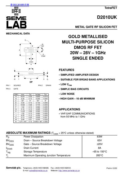 Semelab D2010UK Metal Gate RF Silicon FET Datasheet - cover page