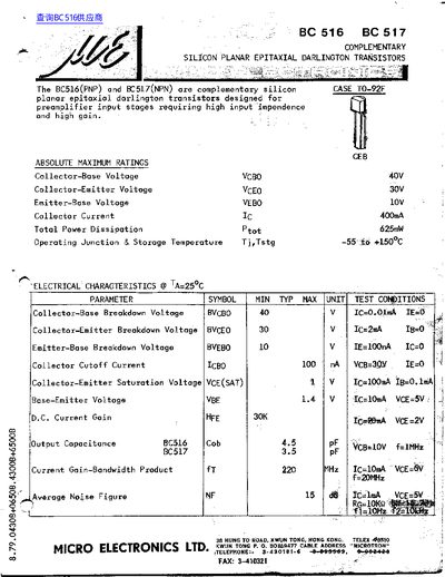 Micro Electronics BC 516/517 Complementary Darlington Transistors Datasheet - cover page