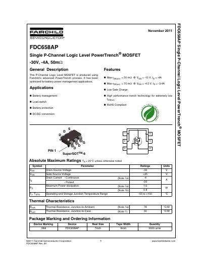 Fairchild Semiconductor FDC658AP Single P-Channel Logic Level PowerTrench MOSFET Datasheet - cover page