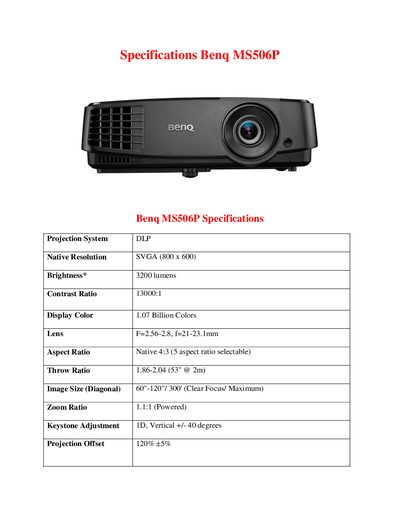 Benq MS506P Projector Specifications - cover page