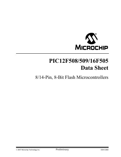 MICROCHIP PIC12F508/509/16F505 8/14-Pin 8-Bit Flash Microcontrollers handbook