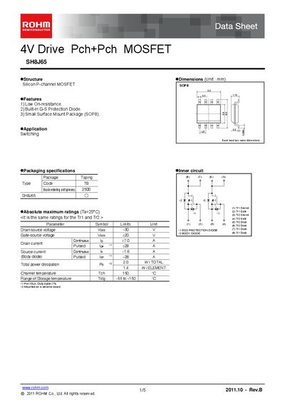 ROHM SH8J65 P-Channel MOSFET Datasheet - cover page