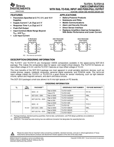 Texas Instruments TLV7211/TLV7211A Datasheet - cover page