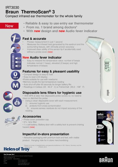 Braun IRT3030 Infrared Ear Thermometer Product Leaflet - cover page