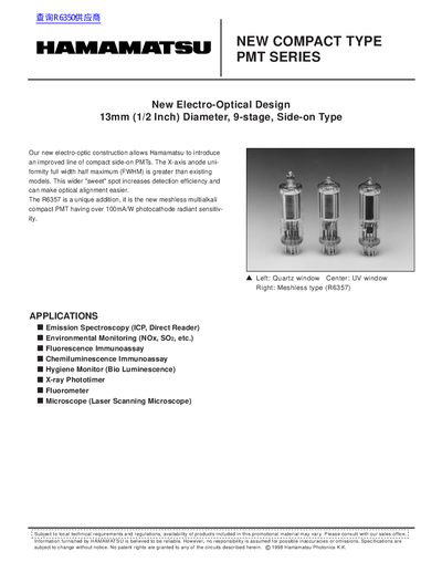 Hamamatsu R6350-R6358 Compact PMT Datasheet - cover page
