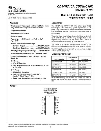 Texas Instruments CD54HC107 / CD74HC107 / CD74HCT107 Dual J‑K Flip‑Flop with Reset Datasheet - cover page