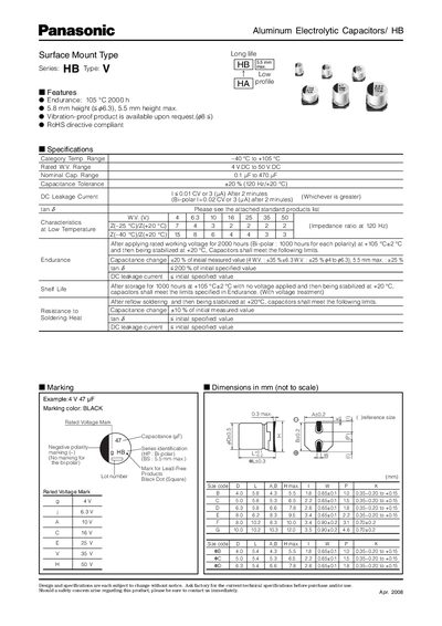 Panasonic HB Aluminum Electrolytic Capacitors Datasheet - cover page