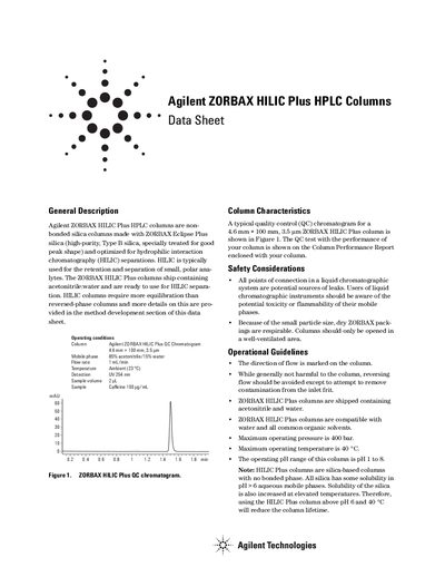 Agilent ZORBAX HILIC Plus HPLC Columns Data Sheet - cover page