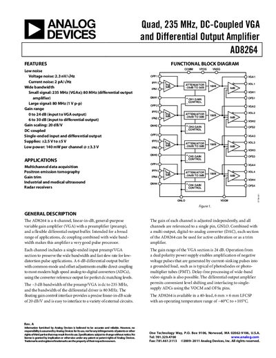 ANALOG DEVICES AD8264 Quad 235 MHz DC-Coupled VGA Differential Output Amplifier English products handbook Rev A