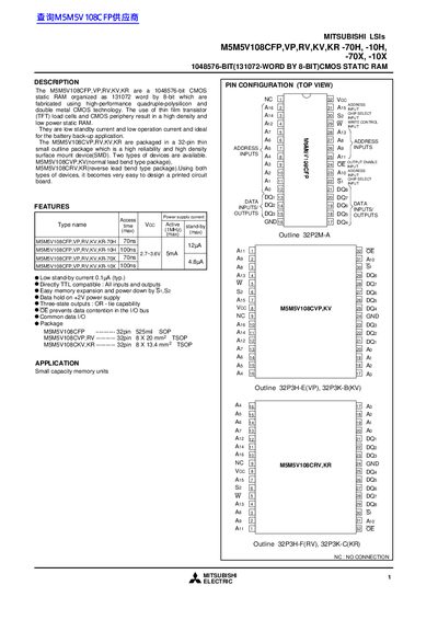 MITSUBISHI ELECTRIC M5M5V108CFP VP RV KV KR -70H -10H -70X -10X handbook - cover page