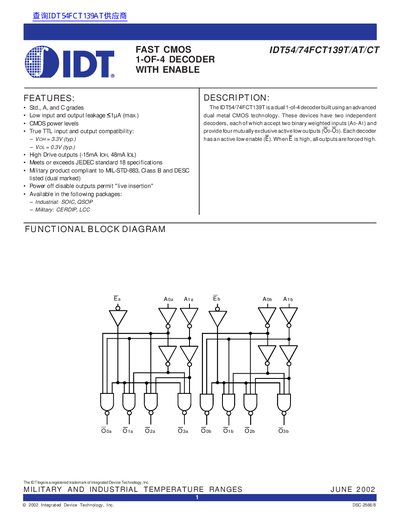 IDT IDT54/74FCT139T/AT/CT Dual 1-of-4 Decoder Datasheet - cover page