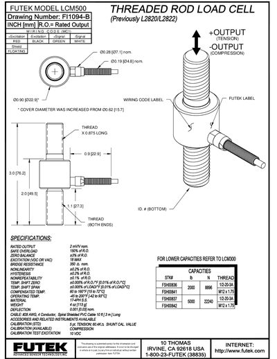 Futek LCM500 Threaded Rod Load Cell Specification Sheet - cover page