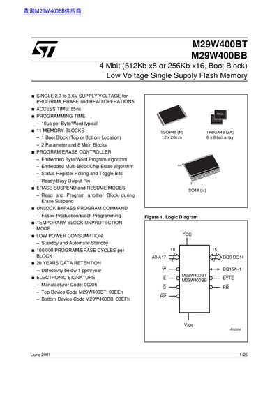 STMicroelectronics M29W400BT/M29W400BB Flash Memory Datasheet - cover page