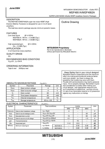 Mitsubishi MGF4951A/MGF4952A GaAs FET Datasheet - cover page