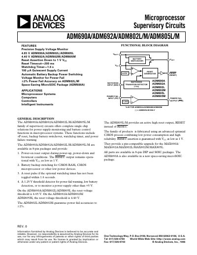 Analog Devices ADM690A/ADM692A/ADM802L/M/ADM805L/M Datasheet - cover page