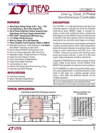 Linear Technology LTC3827-1 Dual Step-Down Switching Regulator Controller Datasheet - cover page
