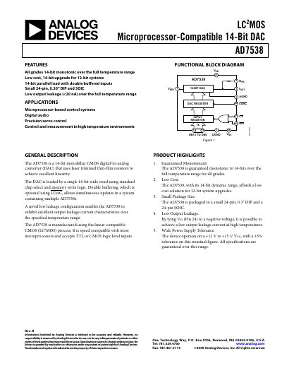Analog Devices AD7538 14‑Bit DAC Datasheet Rev B - cover page