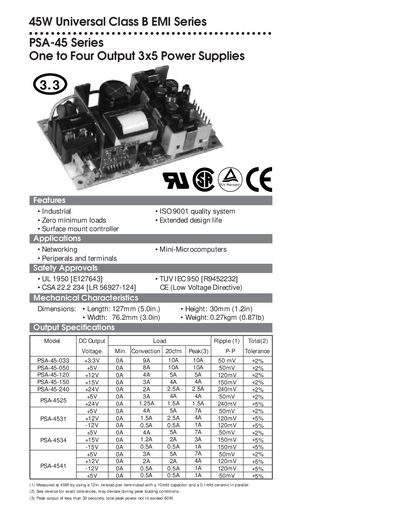Phihong PSA-45 Series 45W Universal Class B EMI Power Supply Datasheet