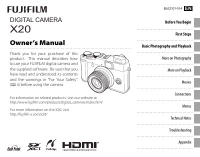 Fujifilm X20 Digital Camera Owner's Manual - cover page