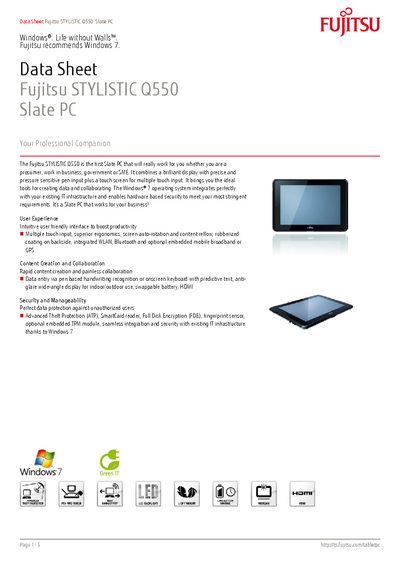 Fujitsu STYLISTIC Q550 Slate PC Data Sheet - cover page