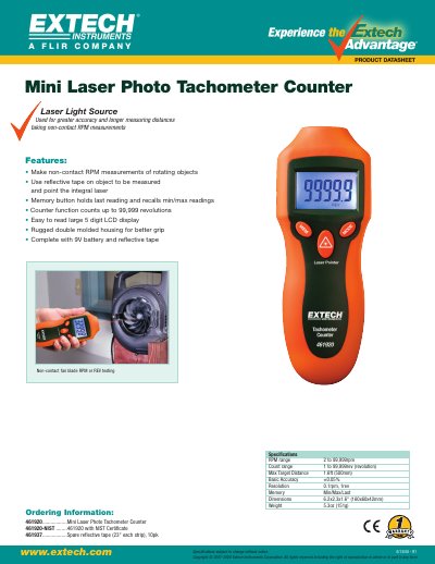 EXTECH 461920..................Mini Laser Photo Tachometer Counter 461920-NIST ........461920 with NIST Certificate 461937..................Spare reflective tape (23