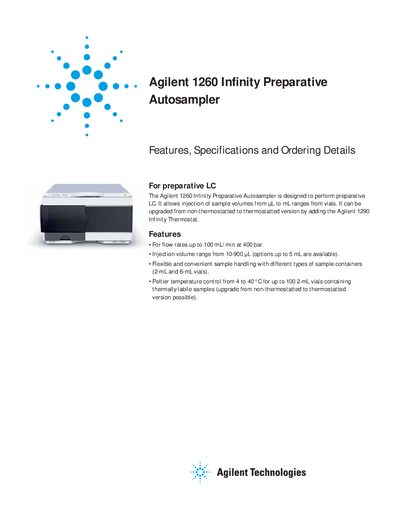 Agilent 1260 Infinity Preparative Autosampler Features and Specifications - cover page