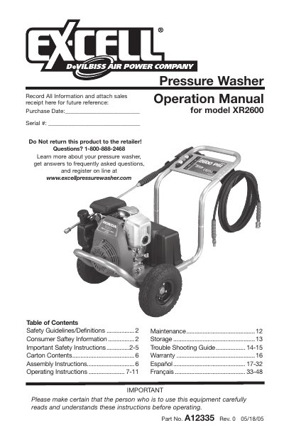 DeVilbiss XR2600 Pressure Washer Operation Manual - cover page