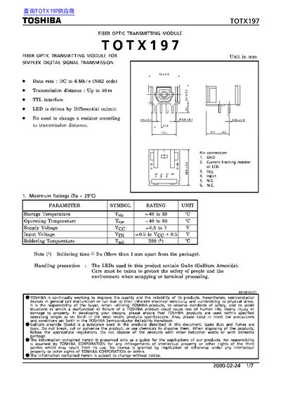 Toshiba TOTX197 Fiber Optic Transmitting Module User Manual - cover page
