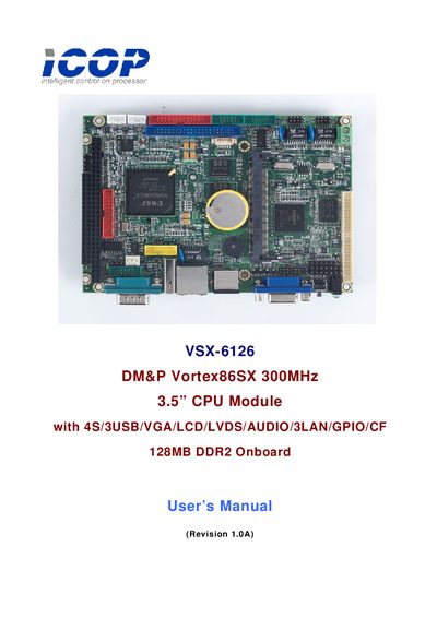 ICOP VSX-6126 DM P Vortex86SX 300MHz 3.5 CPU Module with 4S/3USB/VGA/LCD/LVDS/AUDIO/3LAN/GPIO/CF 128MB DDR2 Onboard User Manual - cover page