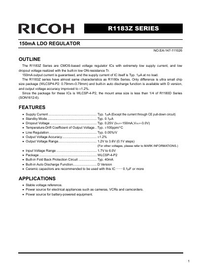 Ricoh R1183Z Series LDO Regulator Datasheet - cover page