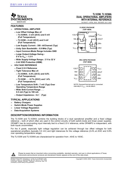 Texas Instruments TL103W/TL103WA Dual Operational Amplifiers with Internal Reference Datasheet