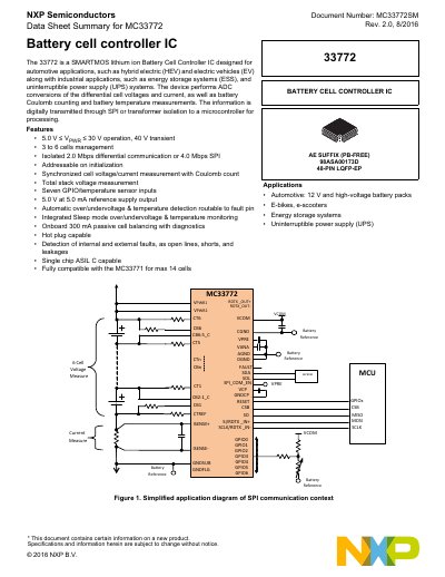 NXP Semiconductors MC33772 Battery Cell Controller IC Datasheet - cover page
