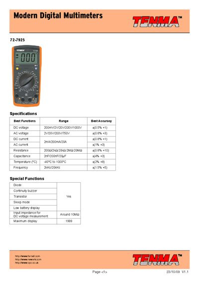 Tenma 72-7925 Digital Multimeter Datasheet - cover page