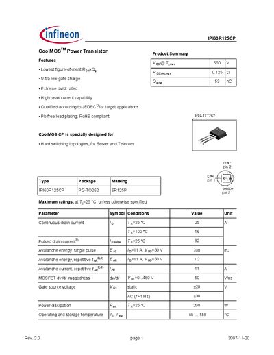 INFINEON IPI60R125CP CoolMOS Power Transistor Manual - cover page