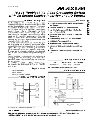 MAXIM MAX4356 16x 16 Nonblocking Video Crosspoint Switch with On-Screen Display Insertion I/O Buffers handbook - cover page