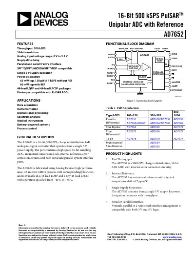 Analog Devices AD7652 16‑Bit 500 kSPS PulSAR Unipolar ADC Datasheet - cover page