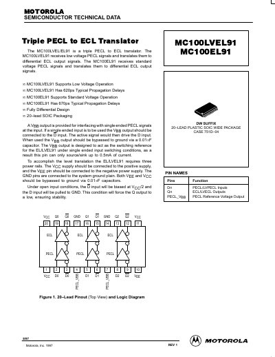 Motorola MC100LVEL91/MC100EL91 Triple PECL to ECL Translator Datasheet - cover page