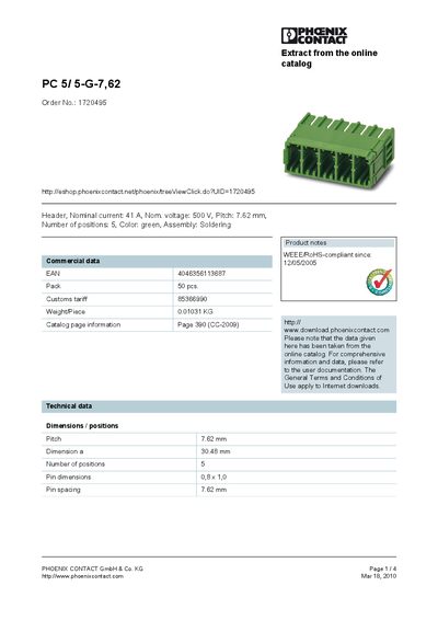 Phoenix Contact PC 5/5-G-7,62 Datasheet - cover page