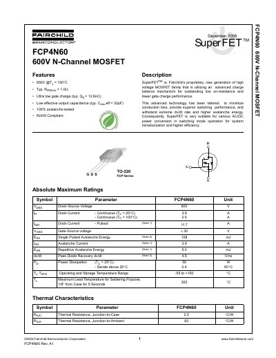 Fairchild FCP4N60 600V N-Channel MOSFET Datasheet - cover page