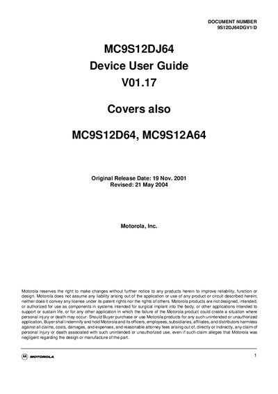FREESCALE SEMICONDUCTOR MC9S12D64/MC9S12A64 user manual - cover page