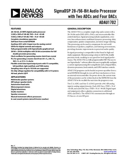 Analog Devices ADAU1702 Product Handbook Rev C - cover page