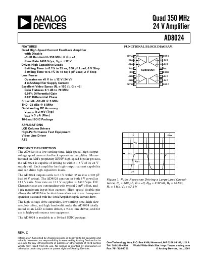 ANALOG DEVICES Quad 350 MHz 24 V Amplifier AD8024 English products handbook Rev C - cover page