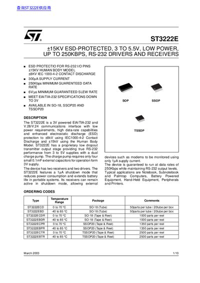 STMicroelectronics ST3222E RS-232 Driver and Receiver Datasheet - cover page