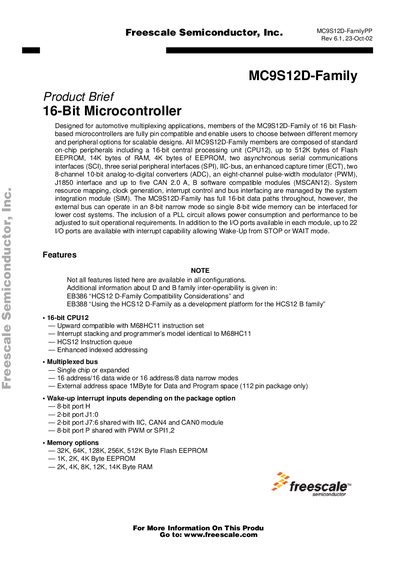 Freescale MC9S12D-Family 16‑Bit Microcontroller Product Brief - cover page
