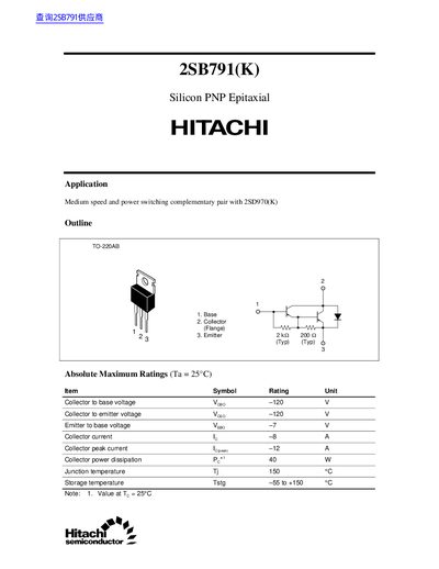 Hitachi 2SB791(K) Silicon PNP Transistor Datasheet - cover page