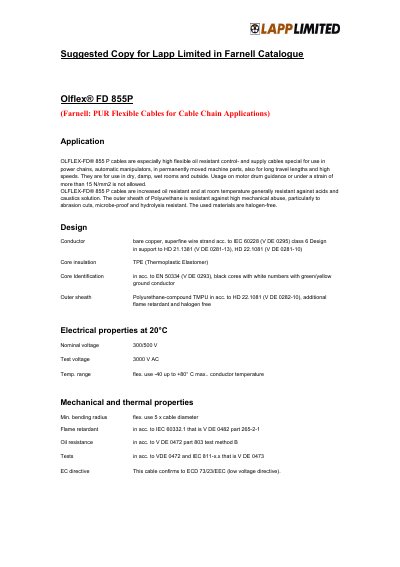 Lapp FD 855P Flexible Cable Datasheet - cover page