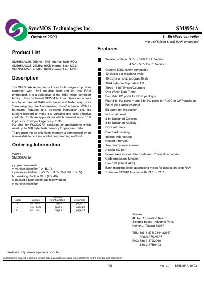 SyncMOS SM8954A 8-Bit Microcontroller Datasheet - cover page